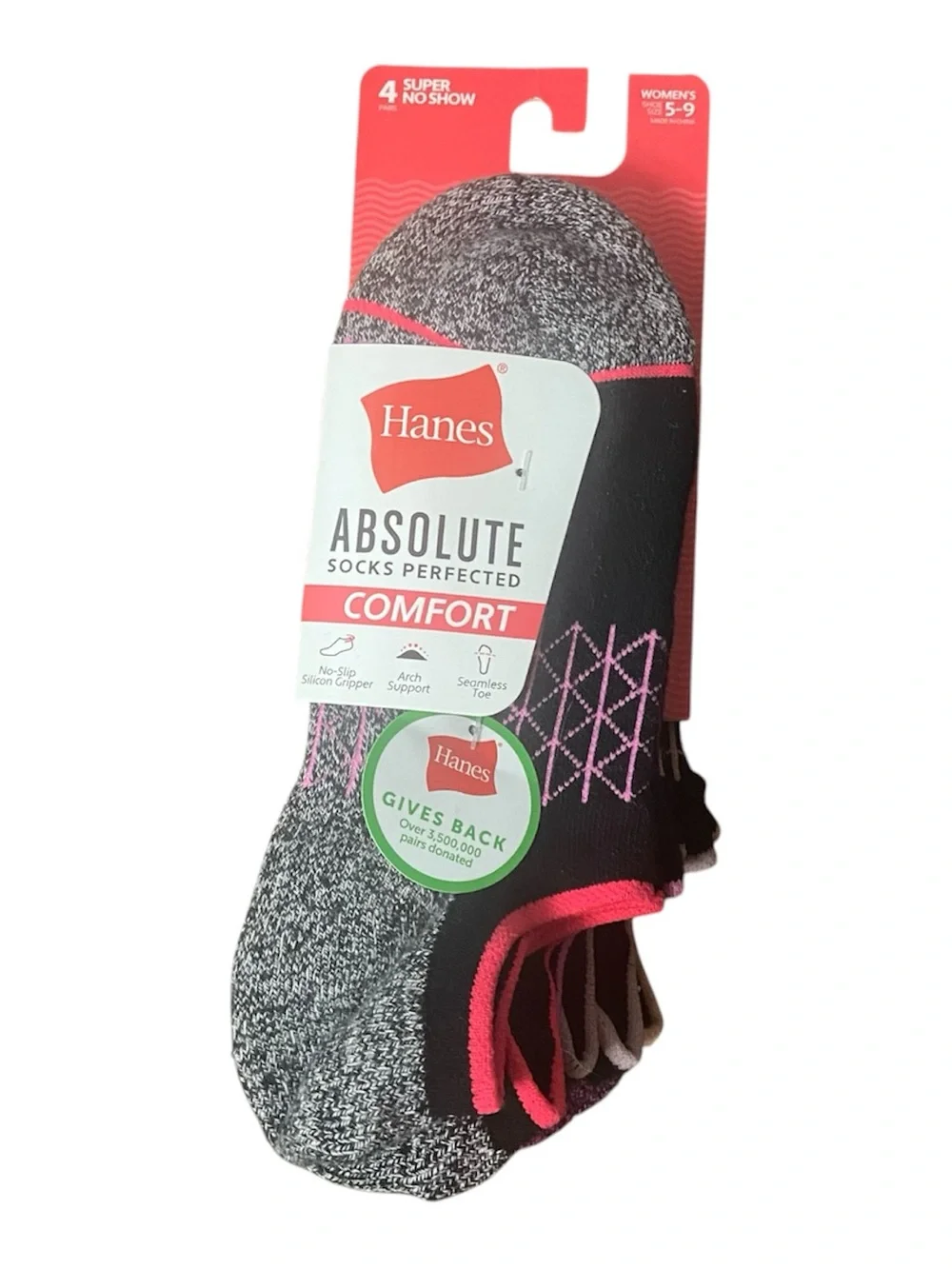 NWT Hanes Black Pink Comfort Super No-  Show Pack of 4 Socks Women’s Size 5-9
